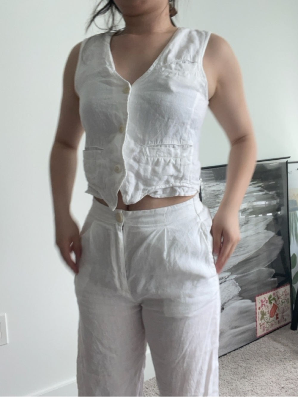Women’s White Linen Blend Vest and High-Rise Pants Set Size Small - Picture 3 of 16